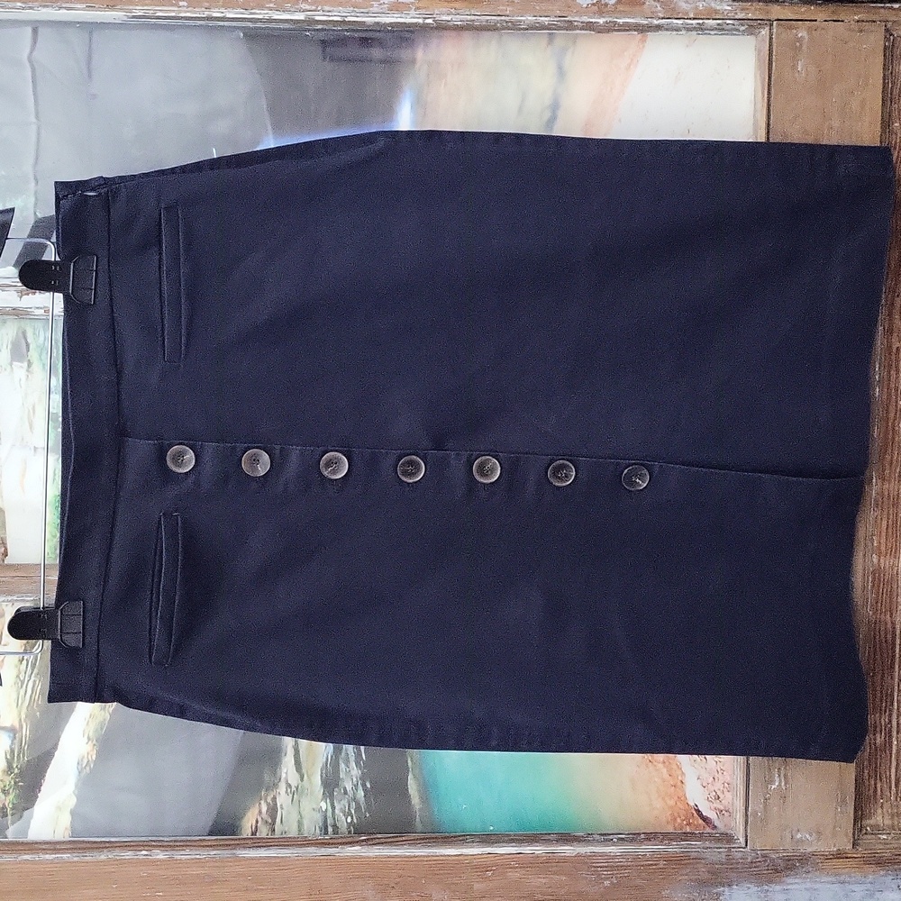 Ann Taylor Factory Dark Blue Denim Pencil Skirt W/Faux Button Front Size 10